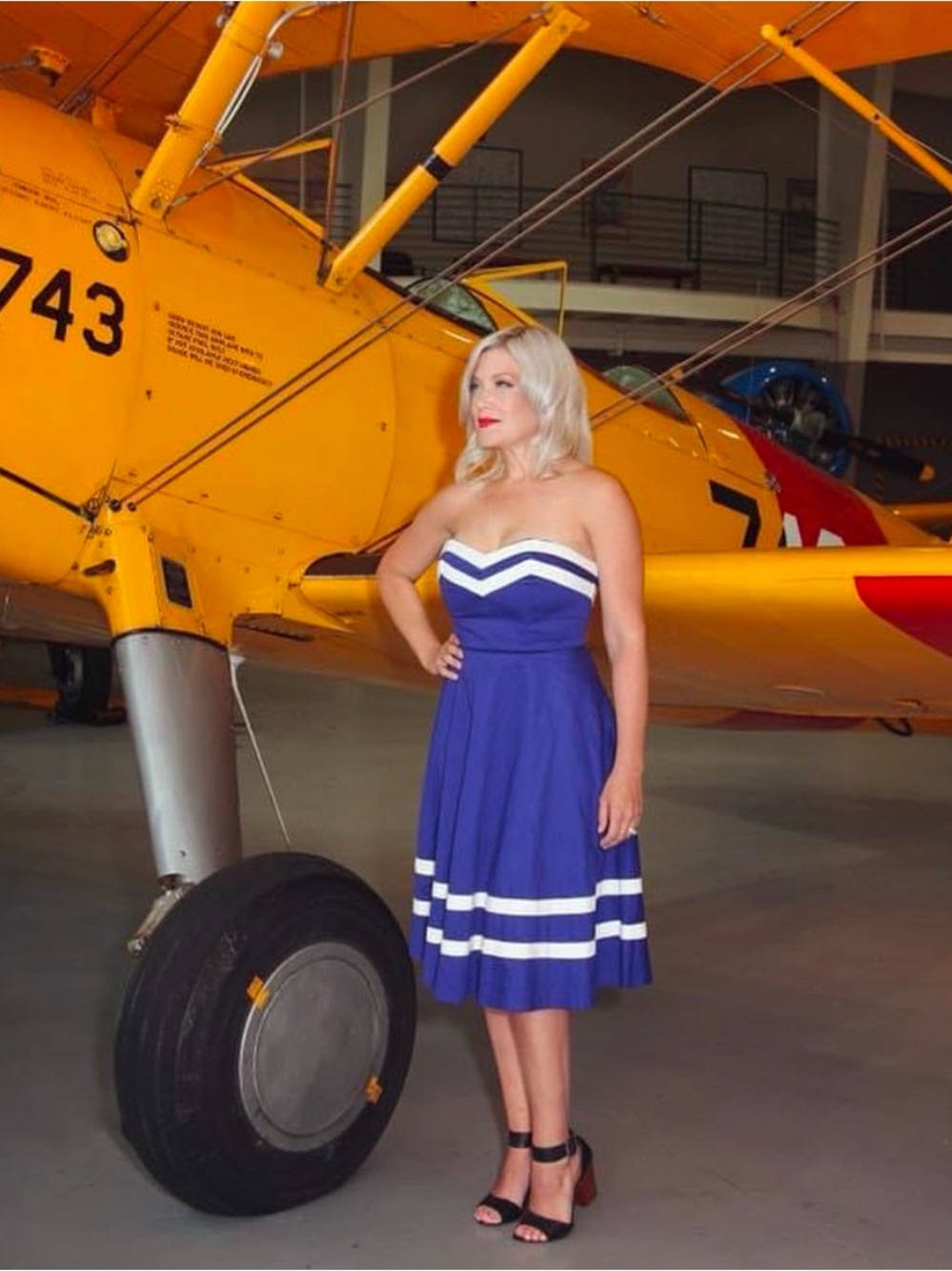 Pinup Retro Blue A-Line Dress with White Stripe Trim M